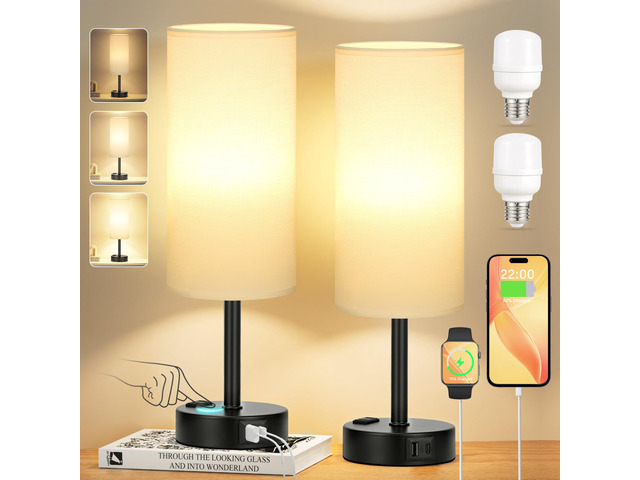 Touch Bedside Table Lamps Set of 2 - Bedroom Lamp with USB A+C, AC Outlet 3-Way Dimmable, LED Bulb Included, White Fabric Lampshade, Matte Black...