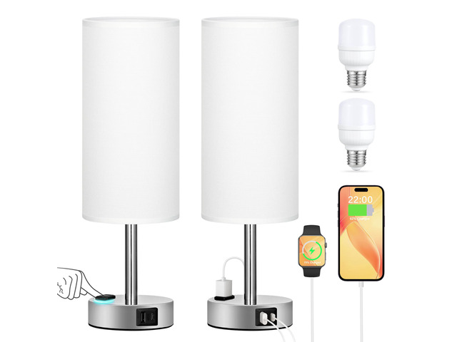 Touch Bedside Table Lamps Set of 2 - Bedroom Lamp with USB A+C, AC Outlet 3-Way Dimmable, LED Bulb Included, White Fabric Lampshade, Sleek Silver...