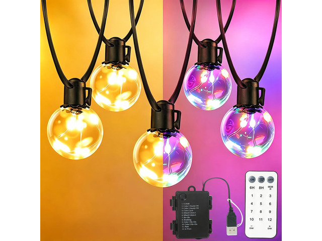 20ft Outdoor String Lights Battery Operated,15 G40 LED Patio Bulbs Warm White Multicolor Dimmable Remote Timer Waterproof Hanging Globe Bulb...