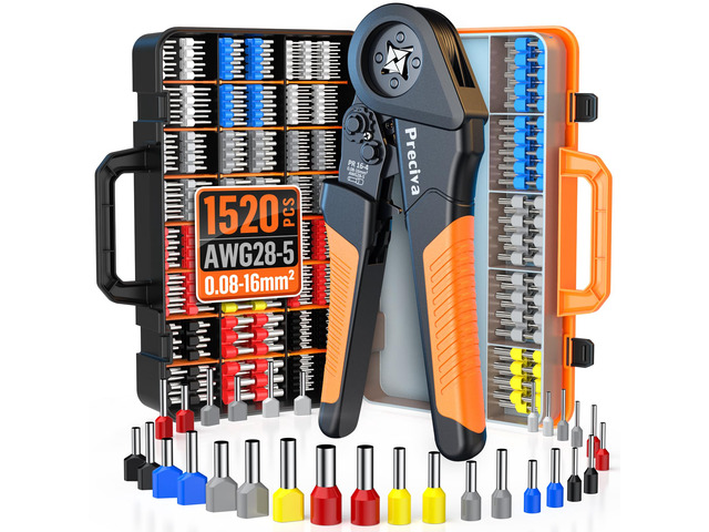 Ferrule Crimping Tool Kit - AWG 28-5 (0.08-16mm²) Ferrule Crimper with 1520Pcs Single & Twin Ferrules Connectors, Self-Adjustable Ratchet Ferrule...