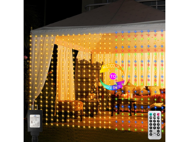 20Ft x 10Ft Large Curtain Lights Plug in Warm White & Multicolor 600 LED Dual Color Changing Outdoor Curtain Lights Waterproof Connectable with...