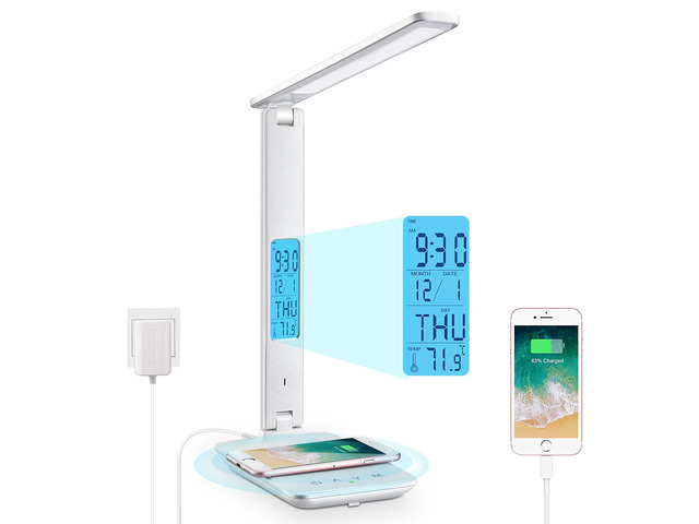 Desk Lamp with Wireless Charger: USB Charging Port, Table Lamp with Clock, Desk Lamps for Home Office College Dorm Room Essentials