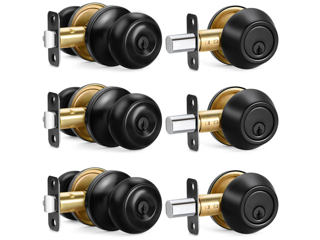 3 Sets Entry Door Knob and Single Cylinder Deadbolt Combo Set, Keyed Alike Round Ball Matte Black Interior/Exterior Door Knobs with Lock and Keys...