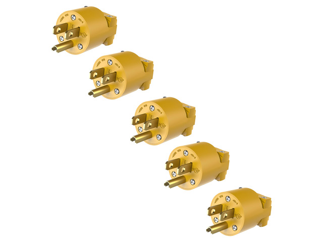 NEMA 5-15P Plug, Male Extension Cord Ends, Yellow, 5-Pack 12-14 AWG, nylon rubber housing, impact/corrosion resistant, UL Listed