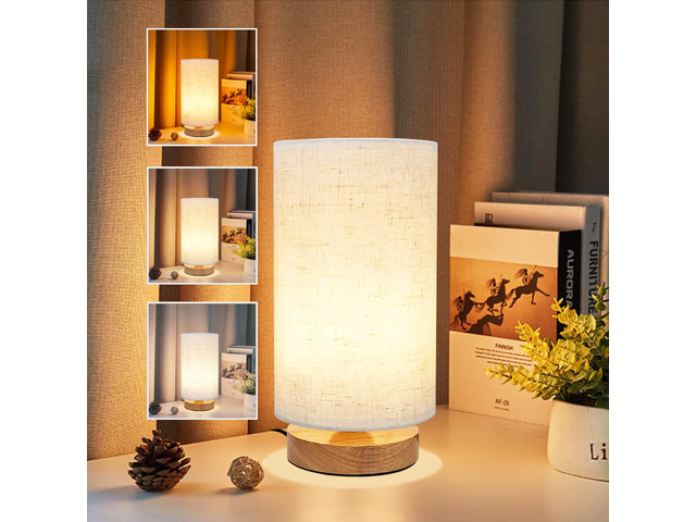 3-Color Adjustable Bedside Table Lamp for Bedroom,Minimalist Wood Base & Round Fabric Shade,Cozy Lighting Nightstand Boho Lamp,Study Reading Desk...