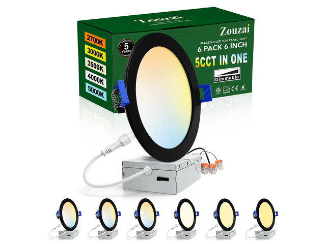 6 Pack 6 Inch Black LED Recessed Ceiling Light, 5CCT, Dimmable 2700K-5000K Selectable, 1080LM, 12W Eqv 110W 120V, with Junction Box, Damp & IC...