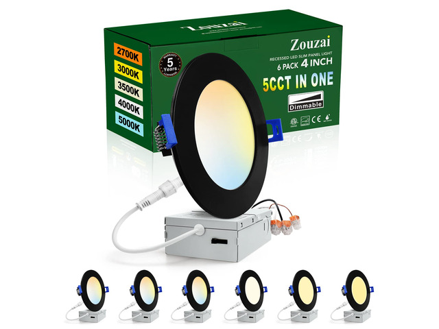 6 Pack 4 Inch Black LED Recessed Ceiling Light, 5CCT, Dimmable 2700K-5000K Selectable, 810LM, 9W Eqv 60W 120V, Can Light with J-Box, Damp Location,...