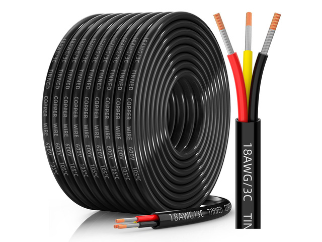 18 Gauge Wire, 18/3 Conductor Tinned Copper Electrical Wire, 50FT Flexible, Waterproof & Flame-Retardant Low-Voltage 18 AWG 3 Wire Cable with PVC...