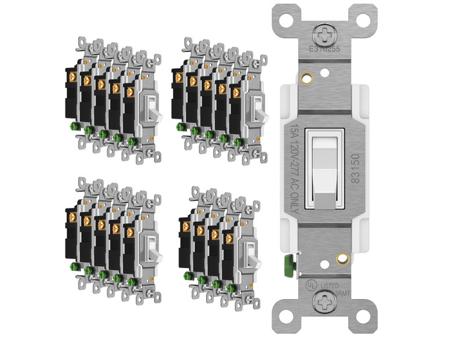 20 Pack Toggle Light Switch, 3-Way Electrical Wall Switch, White 15 Amp, 120V/277VAC, quiet/smooth toggle action, grounding screw, narrow slim...