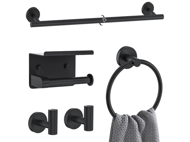 Matte Black Towel Bar Set 5 Pieces Bathroom Hardware Accessories Set Round Towel Holder Set for Bathroom Upgraded Toilet Paper Holder Stainless...