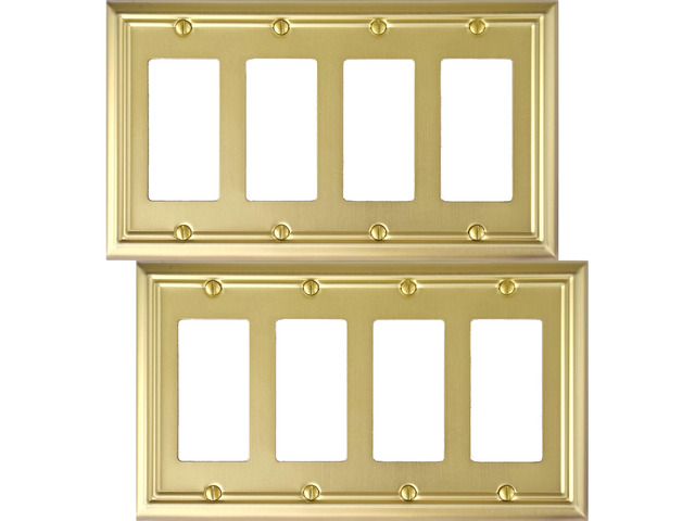 Quadruple Decorator Light Switch Cover Adler Metal Wall Plate, 2-Pack Brushed Brass 4 Gang Quadruple Rocker, for Receptacle Dimmer Switch GFCI...