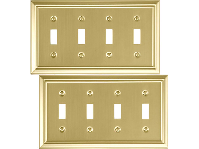 Quadruple Toggle Light Switch Cover Adler Metal Wall Plate, 2-Pack Brushed Brass 4 Gang, Light Switch Cover Decorative Wallplate, Durable