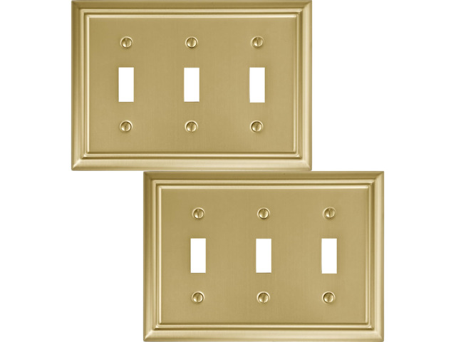 Triple Toggle Light Switch Cover Adler Metal Wall Plate, 2-Pack Brushed Brass 3 Gang, for Light Switch Cover Decorative Wallplate, Durable
