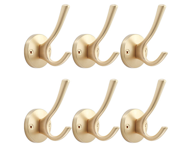 Gold Wall Hooks, 6 Pack Coat Robe Hook Heavy Duty Metal Double Bath Hook Wall Mounted, Hand Towel Hooks for Cubicle Bathroom Kitchen Closet Garage