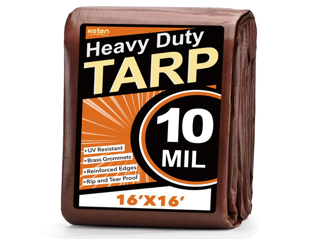 Tarps Heavy Duty Waterproof 16x16 Feet, Extra Thick 10 Mil (Brown) Tear & Fade Resistant, UV Blocking, Outdoor Tarp with Reinforced Grommets for...