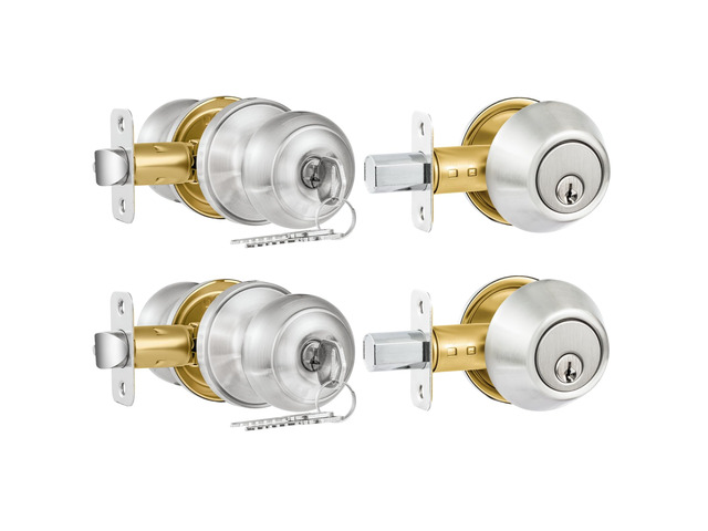 2 Pack Entry Door Lock and Single Cylinder Deadbolt Combo Set, Keyed Alike Satin Nickel Exterior Door Knobs with Lock & Keys, Round Ball Door...