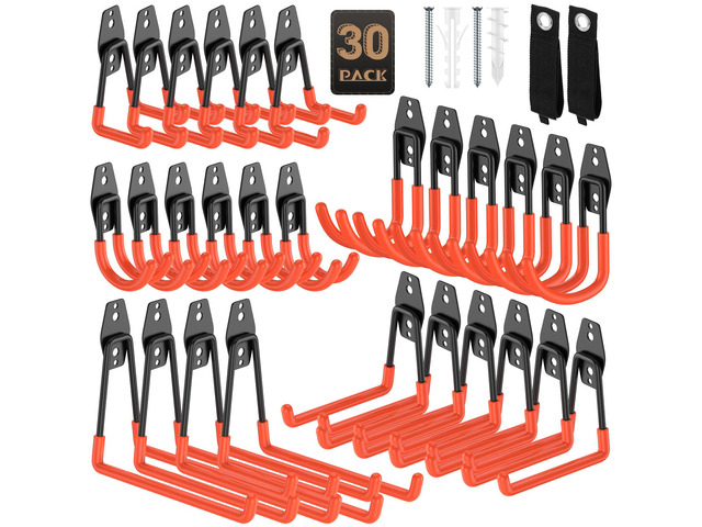 Heavy Duty Garage Hooks for Storage & Hanging Items, 30-Pack for Hanging Bikes, Hoses, Ladders, Ropes, Garden Tools; for Garage, Warehouse, Yard, Shed