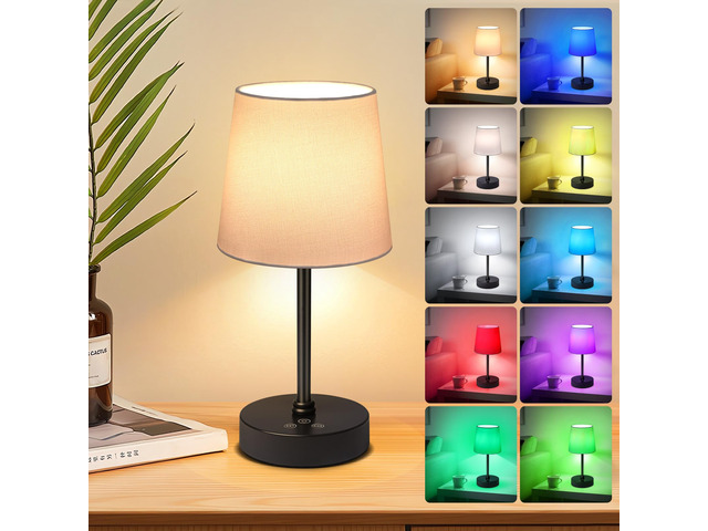 Cordless Table Lamp,5000mAh Rechargeable Battery Operated Desk Lamp,3Colors & 7 RGB Stepless Dimmable, Portable Small Touch Fabric Shade LED Night...