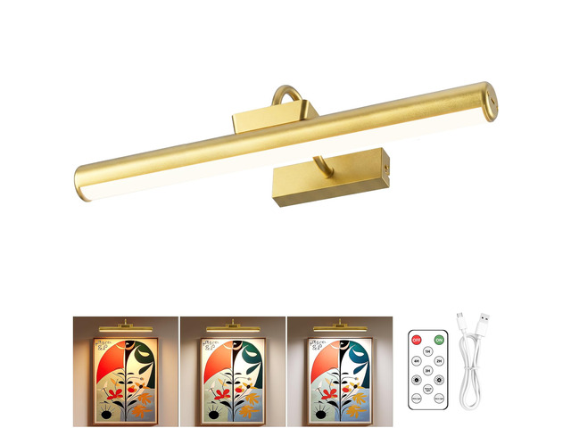 16' Wireless Picture Lights for Wall, Rechargeable Art Light, 1Pack Gold Aluminum Photo Frame Light, Remote & Touch Control, 5000mAh Battery, 3...