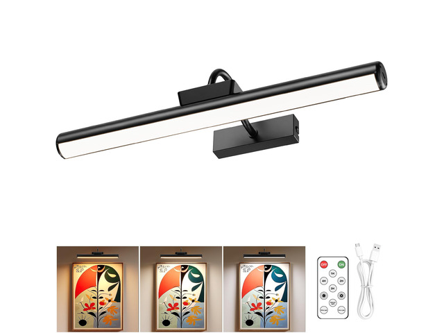 16' Wireless Picture Lights for Wall, Rechargeable Art Light, 1Pack Black Aluminum Photo Frame Light, Remote & Touch Control, 5000mAh Battery, 3...