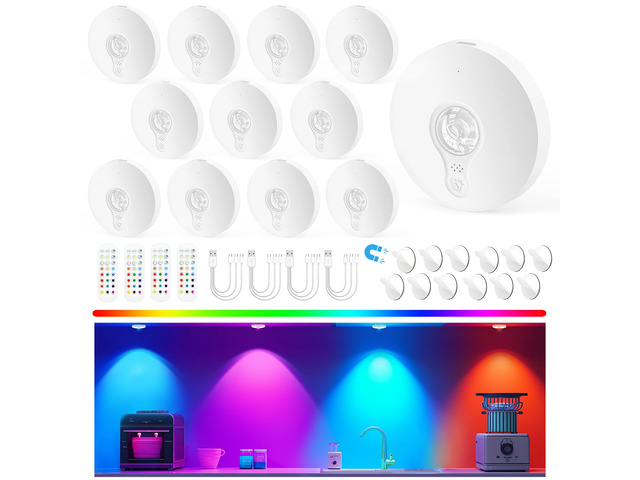 Rechargeable Puck Lights with Remote, 12 Pack Magnetic Under Cabinet Lighting, 1500mAh Battery Operated LED Tap Lights with Dimmer & Timmer for...
