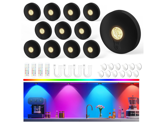 Rechargeable Puck Lights with Remote, 12 Pack Magnetic Under Cabinet Lighting, 1500mAh Battery Operated LED Tap Lights with Dimmer & Timmer for...