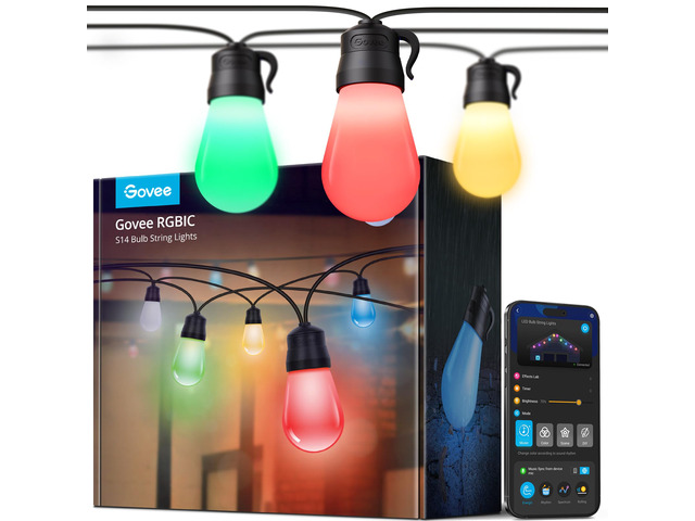 Smart Outdoor String Lights H7029, 24ft RGBIC, IP65, 47 Scene Modes 8 Dimmable LED Bulbs Outdoor Lights with Color Changing Warm White Lights for...