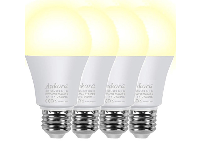 4 Pack 12W Motion Sensor LED Bulbs, 100W Equivalent E26 Warm White Motion Activated Dusk to Dawn Auto On/Off Lights, Indoor Outdoor Lighting for...