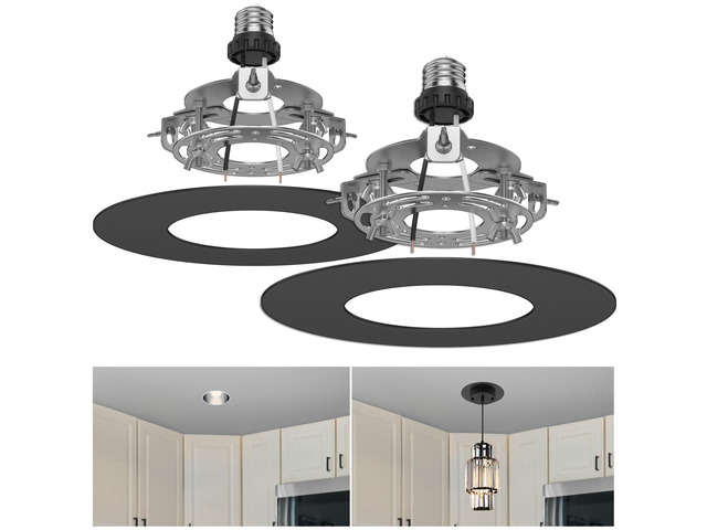 5 and 6 inch Recessed Can Light Conversion Kit, Ceiling Light Fixture Upgrade, Pendant & Hanging, 7¾ Inch Flat Steel Ceiling Medallion, Black...