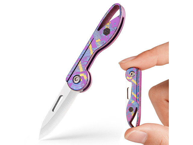 KK05 Titanium Mini Pocket Knife, 1.06-Inch Blade, Graffiti Purple Lightweight EDC Knife for opening packages and snack wrappers, removing clothing...