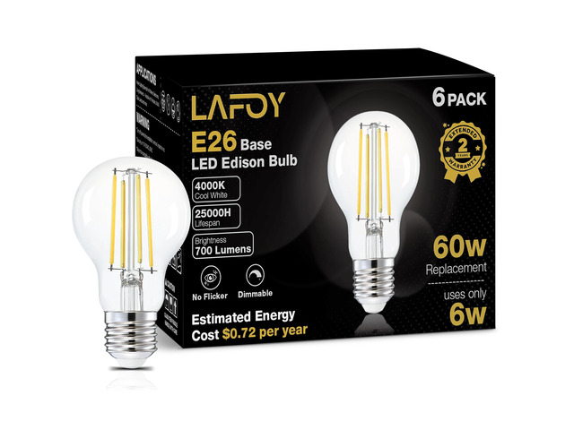 A19 Neutral White Edison Bulbs, Dimmable E26 LED 60 Watt Equivalent 6 Pack 4000K crisp clear vintage light for focused tasks. Antique old-fashioned...