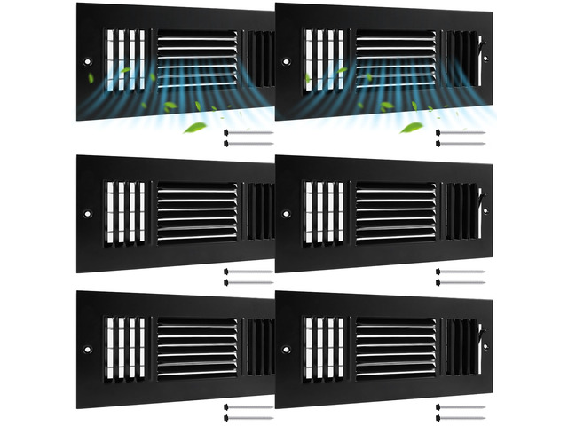 6 Pack Wall Vent Covers Interior Size 10 X 4 Inch, Black Steel 3 Way Adjustable Air Flow, Steel Construction for Ceiling Sidewall Bathroom Office...