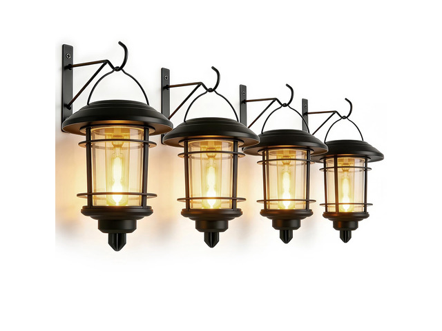 4 Pack Solar Lanterns Outdoor, Hanging Lantern Solar Garden Lights with Edison Bulb, Wall Mounted LED Light Auto On/Off, Waterproof for Garage...