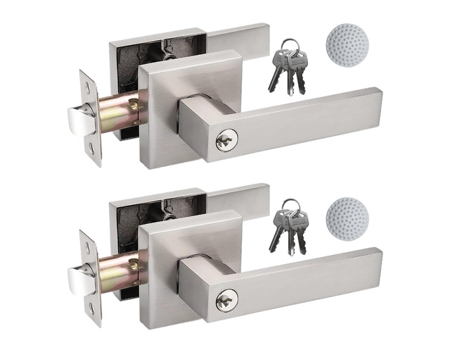 2 Pack Door Handle Heavy Duty, Keyed Alike Entry Door Lever,Door Knobs with Lock and Key (Different Keys), Square Door Lever in Satin Nickel for...