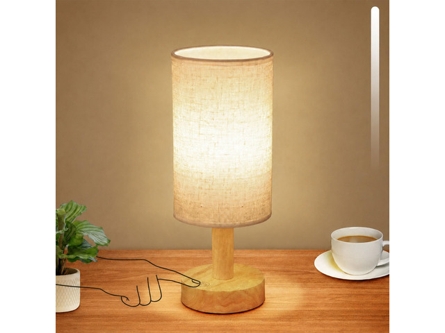 Rechargeable Cordless Touch Table Lamp with Stepless Dimming,Natural Wood Base & Linen Shade,Small Battery Wireless Ambient Night Light for...