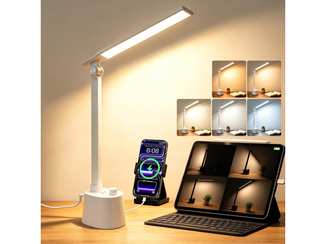 Small Desk Lamp with USB C Charging Port 5 Colors Stepless Dim White Reading Light Space-Saving Rotating Head Desk Lamp for Home Office College...