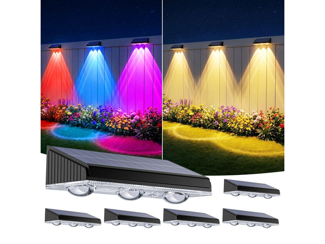 Solar Fence Lights Outdoor 6 Pack, Upgraded Brightness 3X LED Lens Fence Lights Solar Powered, 9 Fixed Colors & RGB Lights, IP65 Waterproof Solar...