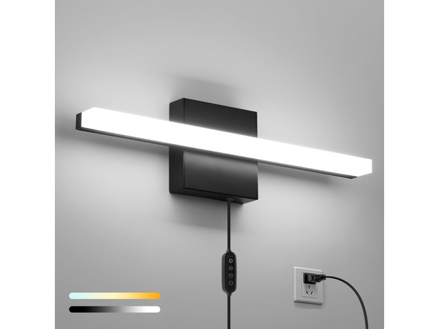 Black Plug in Vanity Light Bar Corded for Bathroom Lighting Fixture No Wiring, 16Inch 5 Colors Adjustable Dimmable Modern Bright Daylight Mirror...