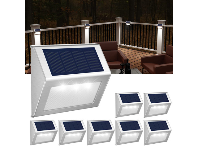 Solar Deck Lights Perfect for Fence, Step, Stair Decor-Cool White-8P Stainless Steel, Waterproof, Auto Dusk to Dawn, Cold Resistance, Anti-Rust