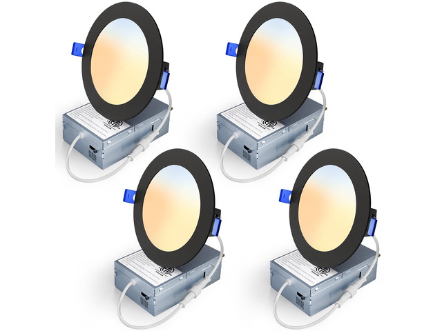 4 Inch Black LED Recessed Light, 5CCT, 750LM, 9W, 4 Pack 5%-100% Dimming, 2700K-5000K Selectable, 120V, Slim Canless Wafer Ceiling Downlight, Damp...