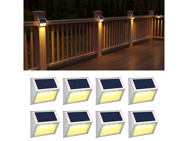 Solar Deck Lights Perfect for Fence, Step, Stair Decor-Warm White-8P Stainless Steel, Waterproof, Auto Dusk to Dawn, Cold Resistance, Anti-Rust