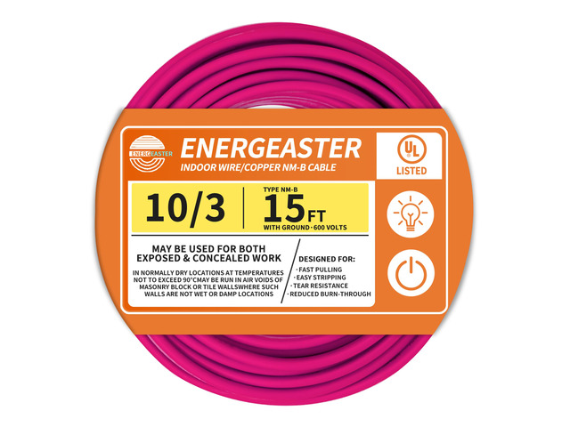 Solid Indoor 10/3 NM-B Copper Cable with Ground 15FT, Pink 15FT NMB Cable 10 Gauge Wire 3 Conductors 600V Bare Copper Non-Metallic Sheathed Solid...