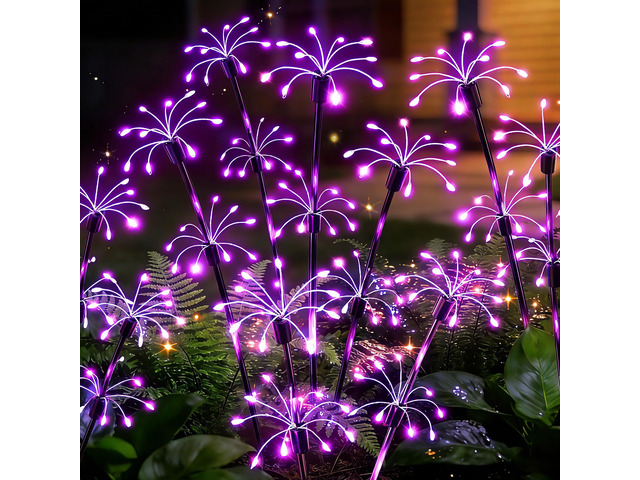 Solar Garden Lights Outdoor, 4 Pack 2-Layer Purple Solar Firework Lights Purple Halloween Decoration, Waterproof Starburst Fairy Light Garden Decor...