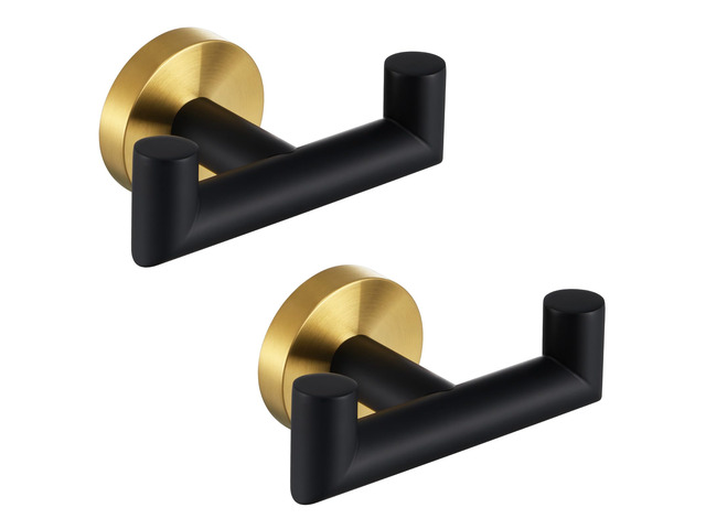 Double Towel Hooks, Bathroom Robe Coat Hook 2 Pack, Black Gold Solid Stainless Steel, Heavy Duty Dual Holder for Shower Closet Kitchen Living room...