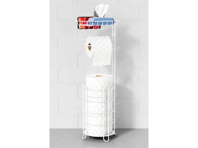 White Toilet Paper Holder Stand with Shelf, Free Standing Bathroom Tissue Holder for Large Mega Rolls, Metal Floor Toilet Paper Roll Holder with...