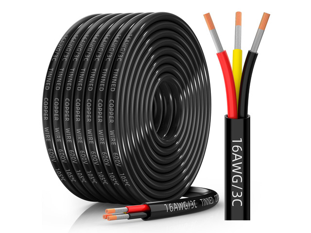 16 Gauge Wire, 16/3 Conductor Tinned Copper Electrical Wire, 30FT Flexible, Waterproof & Flame-Retardant Low-Voltage 16 AWG 3 Wire Cable with PVC...
