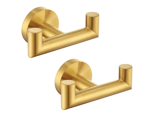 Towel Hooks 2 Pack, Double Bath Towel Holder Brushed Dark Gold SUS304 Stainless Steel, Robe Coat Wall Hook for Bathroom Entryway Closet, Screws Mount