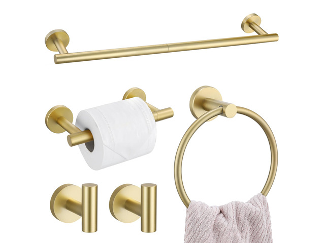 5 Pieces Brushed Gold Towel Bar Set, Upgraded Round Bathroom Hardware Accessories Set, Toilet Paper Holder Towel Holder Set for Bathroom Stainless...