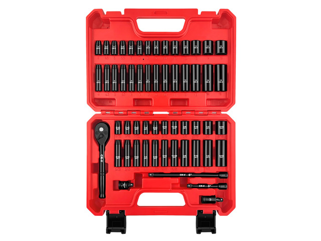 55-Piece 1/4' Drive Impact Socket Set, SAE/Metric, Deep/Shallow, Cr-V Steel, 6 Point, (5/32'-9/16', 4-15mm) Sockets with Ratchet Handle, Extension...