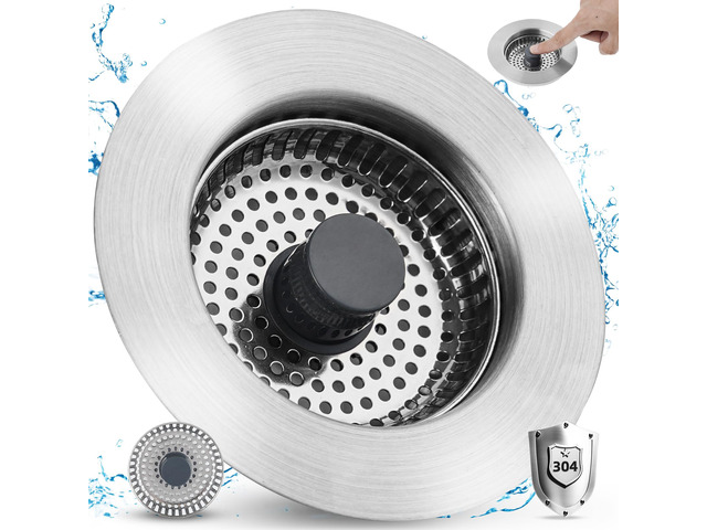 All Metal Sink Drain Strainer for Kitchen Sink, Universal Fit Pop Up 3-in-1 Sink Stopper Drainer, 304 Stainless Steel Basket for US Standard 3-1/2...